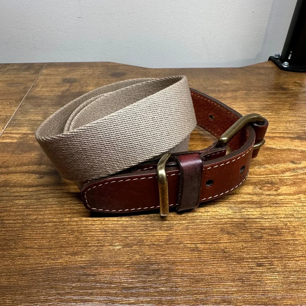 Orvis Mens Canvas and Leather Belt Brown Khaki Brass Buckle Made in USA Size 38